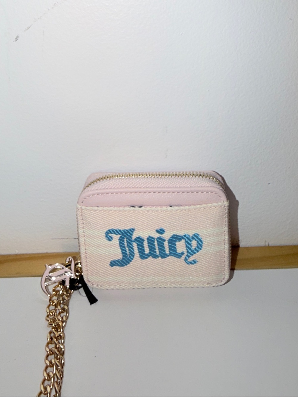 Juicy Couture Pink and Blue Mini Zip Pouch with Gold Chain